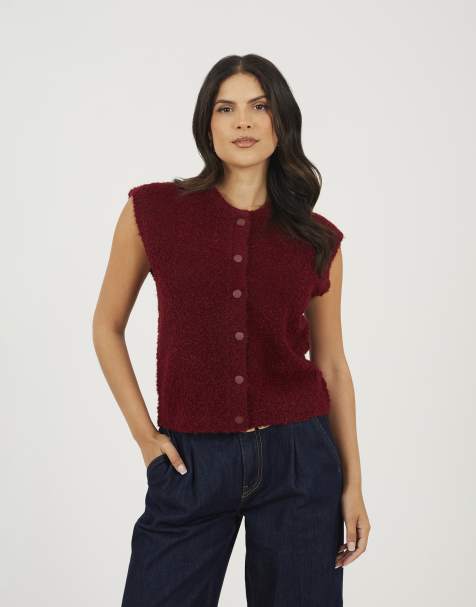 Brave Soul Boucle knitted waistcoat in wine - view 1