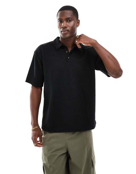 Brave Soul boucle textured polo in black - view 1
