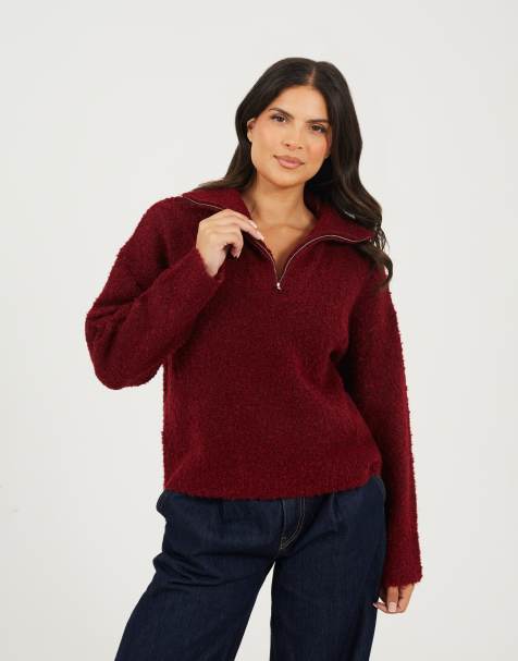 Brave Soul Boucle yarn jumper with zip neck in wine - view 1