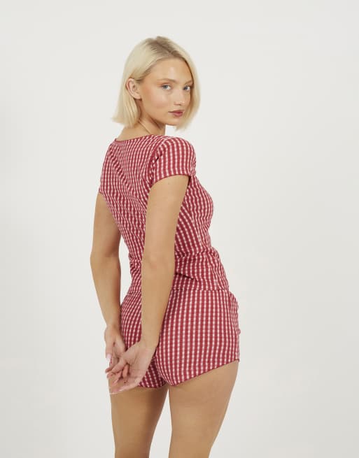 Brave Soul Bow detail cropped top and short pyjama set in red, 2 of 4