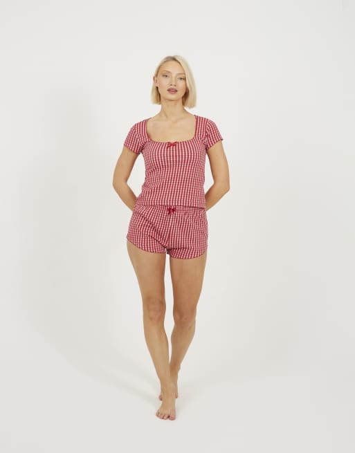 Brave Soul Bow detail cropped top and short pyjama set in red, 3 of 4
