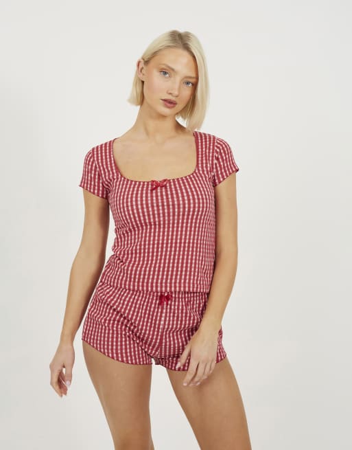 Brave Soul Bow detail cropped top and short pyjama set in red, 4 of 4