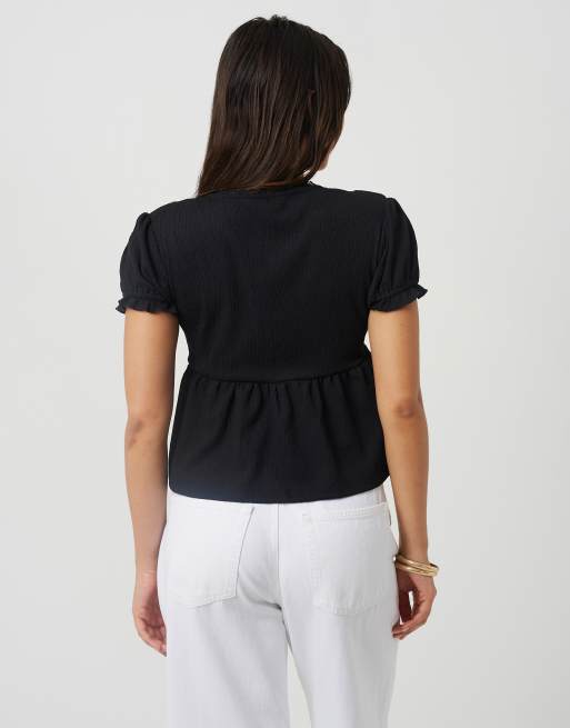 Brave Soul Bow detail v-neck short sleeve top in black, 2 of 4