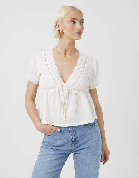 Brave Soul Bow detail v-neck short sleeve top in cream - view 1