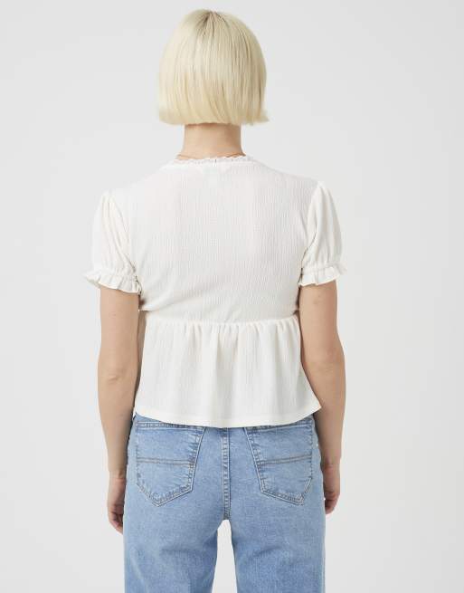Brave Soul Bow detail v-neck short sleeve top in cream, 2 of 4