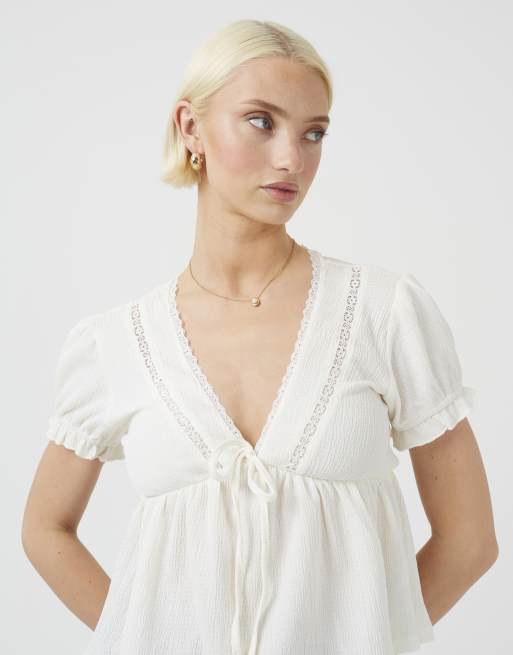 Brave Soul Bow detail v-neck short sleeve top in cream, 4 of 4