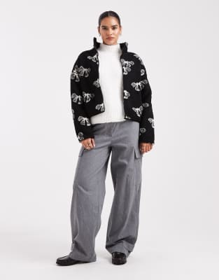 Brave Soul Bow Print Full Zip Fleece In Black