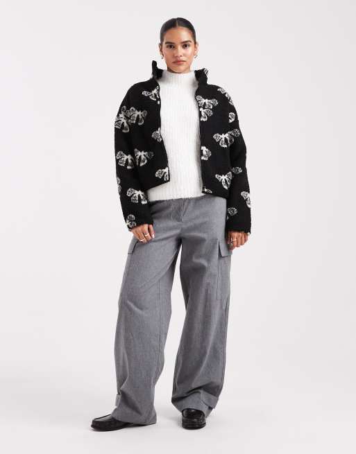 Brave Soul bow print full zip fleece in black and cream, 2 of 4