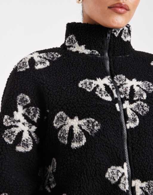 Brave Soul bow print full zip fleece in black and cream, 4 of 4