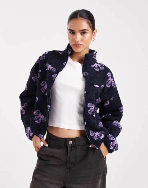 Brave Soul bow print full zip fleece in navy and purple - view 1