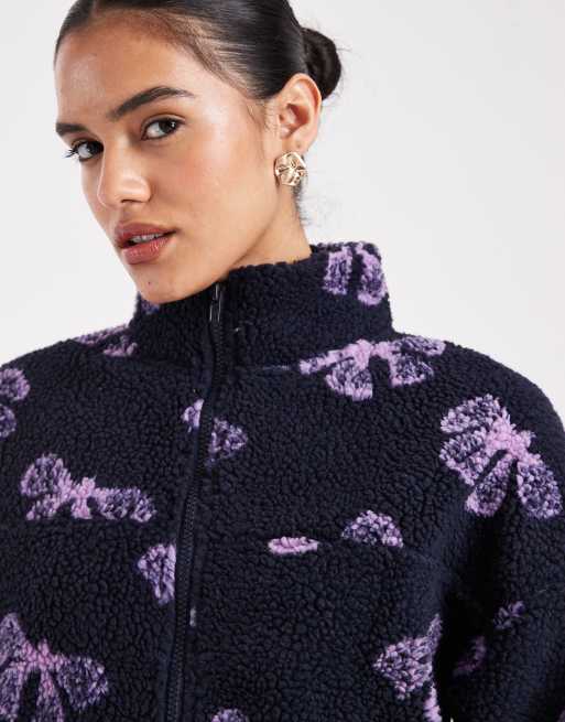 Brave Soul bow print full zip fleece in navy and purple
