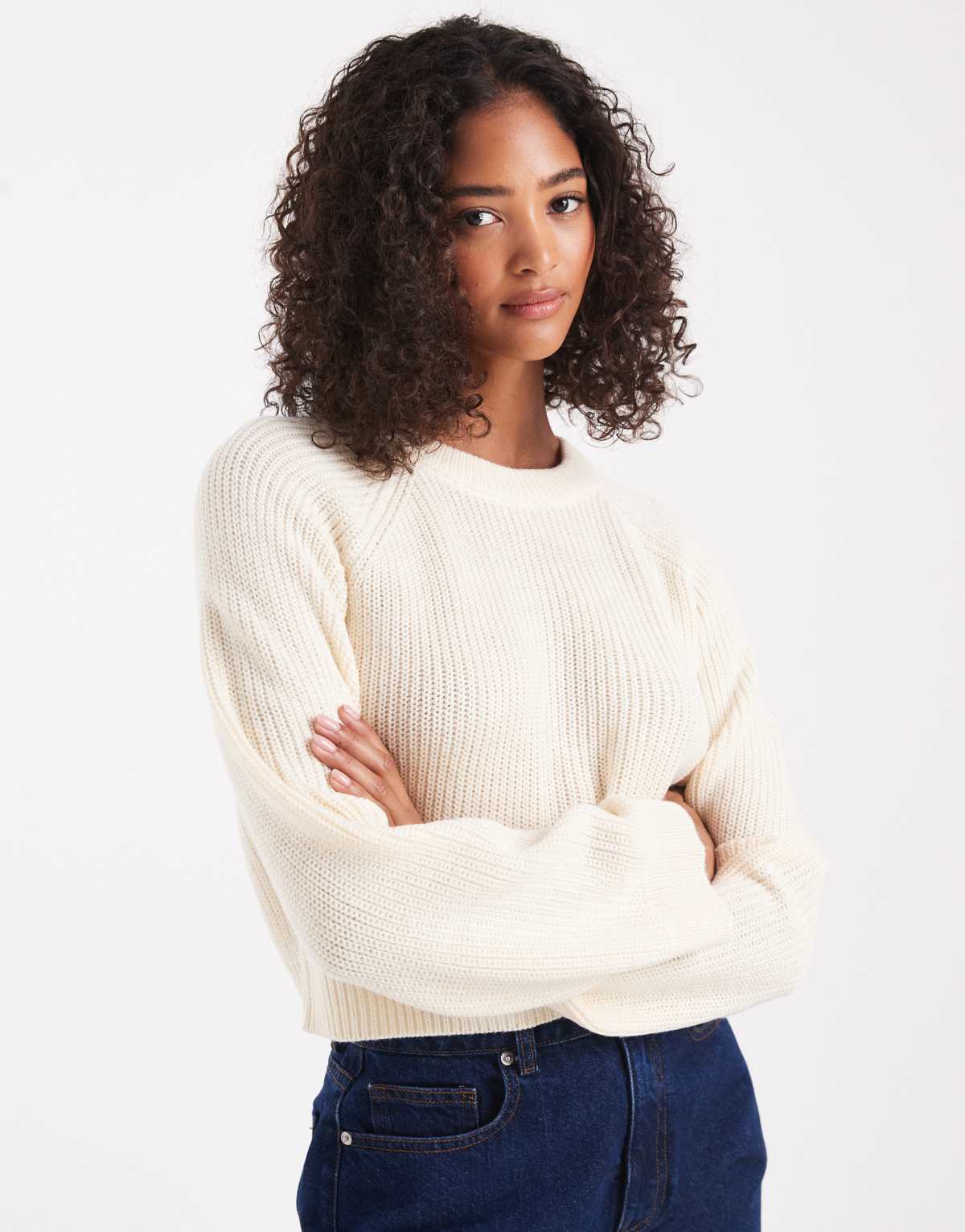 Brave Soul boxy fit knitted crew neck jumper in oatmeal