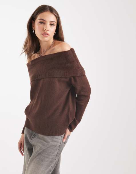 Brave Soul – Brązowy dzianinowy sweter z dekoltem bardot - view 1