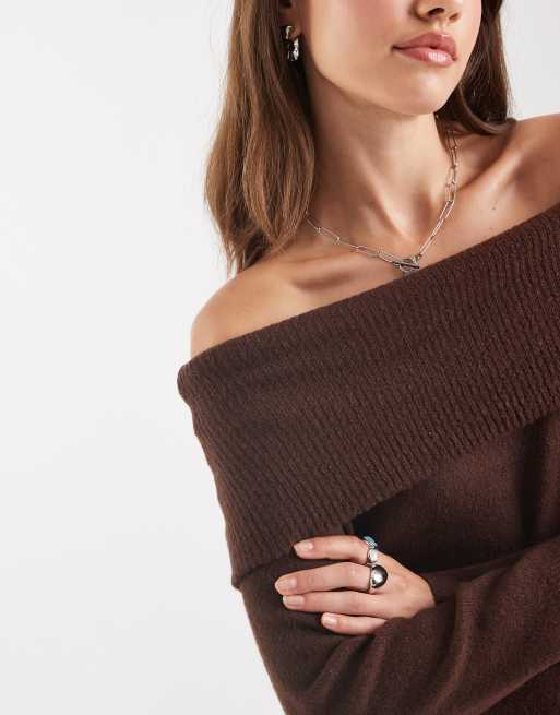 Brave Soul – Brązowy dzianinowy sweter z dekoltem bardot, 2 z 4