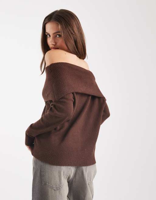 Brave Soul – Brązowy dzianinowy sweter z dekoltem bardot, 4 z 4