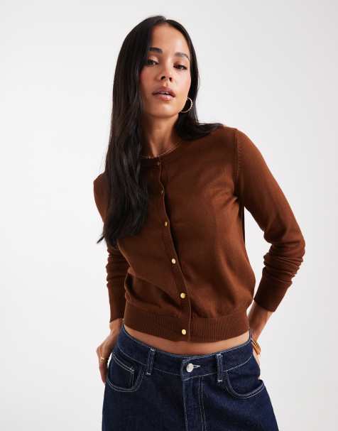 Brave Soul crew neck cardigan in brown with gold buttons