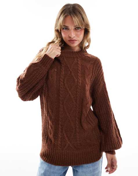 Brave Soul – Brązowy sweter oversize z dzianiny o warkoczowym splocie - view 1