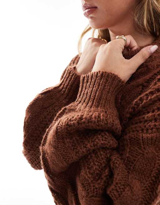 Brave Soul – Brązowy sweter oversize z dzianiny o warkoczowym splocie, 3 z 4