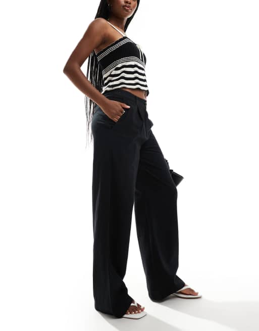 Brave Soul - Broek met linnenlook en wijde pijpen in zwart