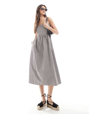 Brave Soul Brave Soul brown and white check seersucker midi dress