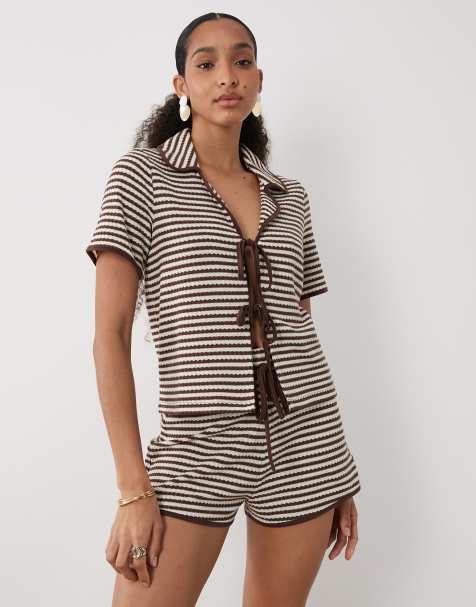 Brave Soul – Bruna och gräddvita, randiga, virkade shorts med knytning framtill, del av set - view 1