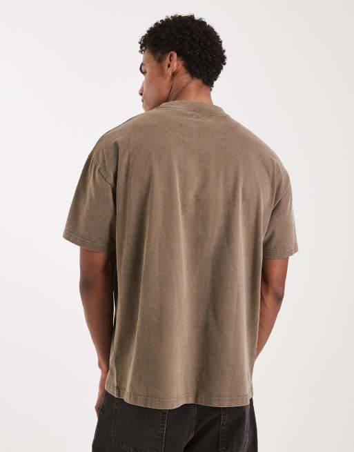 Brave Soul – Brungrå, stentvättad t-shirt i oversize, 240gsm, 3 av 5