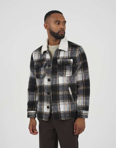 Brave Soul Brushed check jacket with sherpa collar in black - view 1