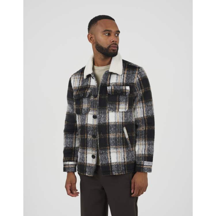Brave Soul Brushed check jacket with sherpa collar in black | ASOS