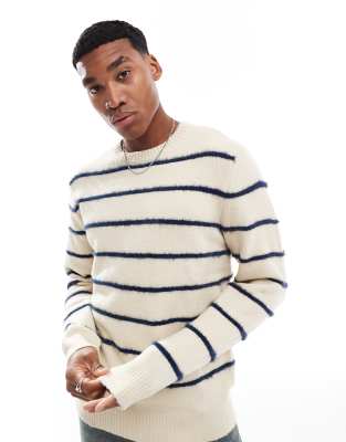 Brave Soul Brave Soul brushed knitted jumper in ecru stripe-Neutral