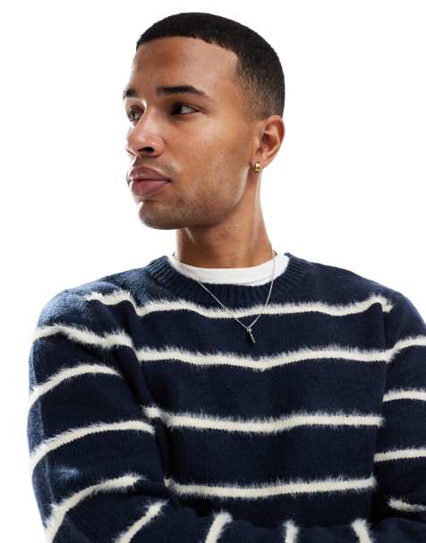 Brave Soul brushed knitted jumper in navy stripe - view 1