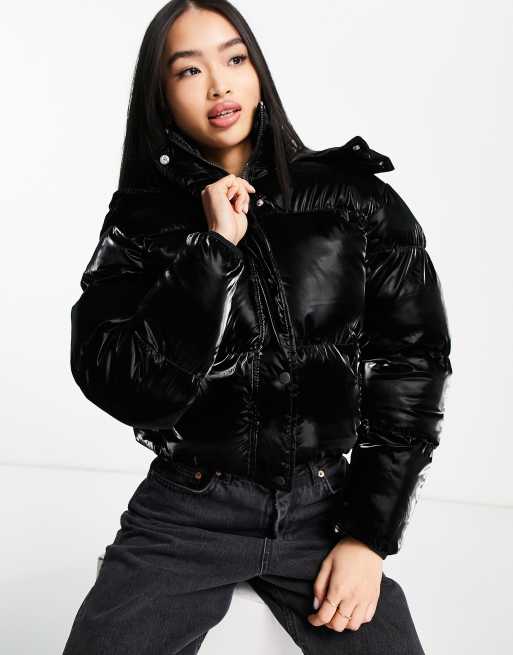 Brave Soul bunny hooded puffer jacket in black shine