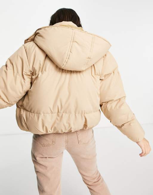 brave soul bunny hooded puffer jacket in camel