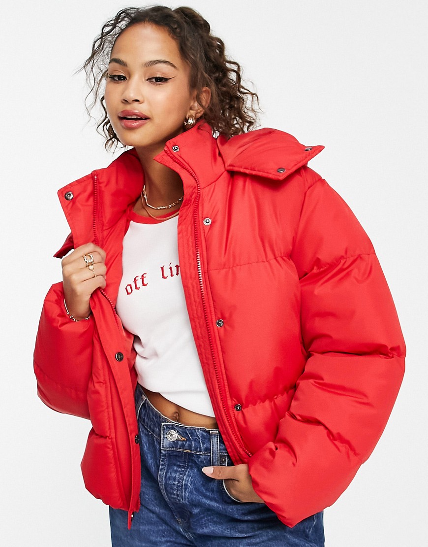 Brave Soul bunny hooded puffer jacket in red