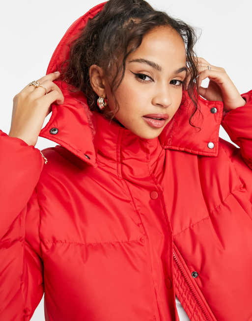 Brave Soul bunny hooded puffer jacket in red