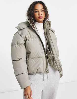 Brave Soul puffer jacket with hood in sage Green Compare Closer