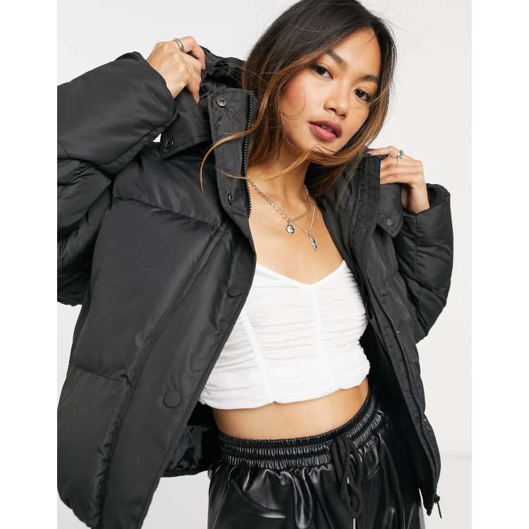 Brave Soul Womens Oversized Cropped Puffer Jacket, Black