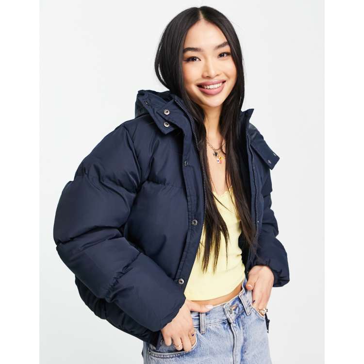 Brave Soul shiney puffer jacket with hood in navy