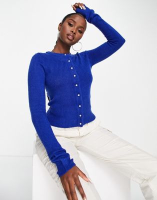 Brave Soul button down crew neck cardigan with pearl buttons in blue