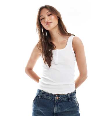 button down square neck tank top in white