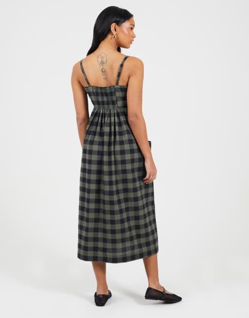 Brave Soul Button down strappy plaid midi dress with pockets in khaki, 3 of 4