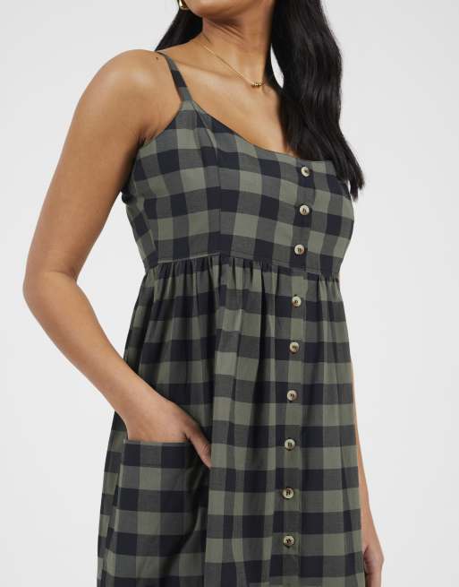 Brave Soul Button down strappy plaid midi dress with pockets in khaki, 4 of 4