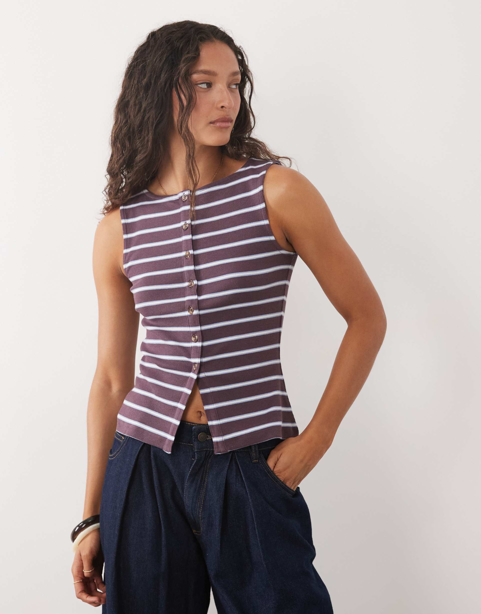 brave soul button down tank top in burgundy and blue stripes