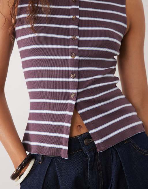 Brave Soul button down tank top in burgundy and blue stripes, 3 of 4