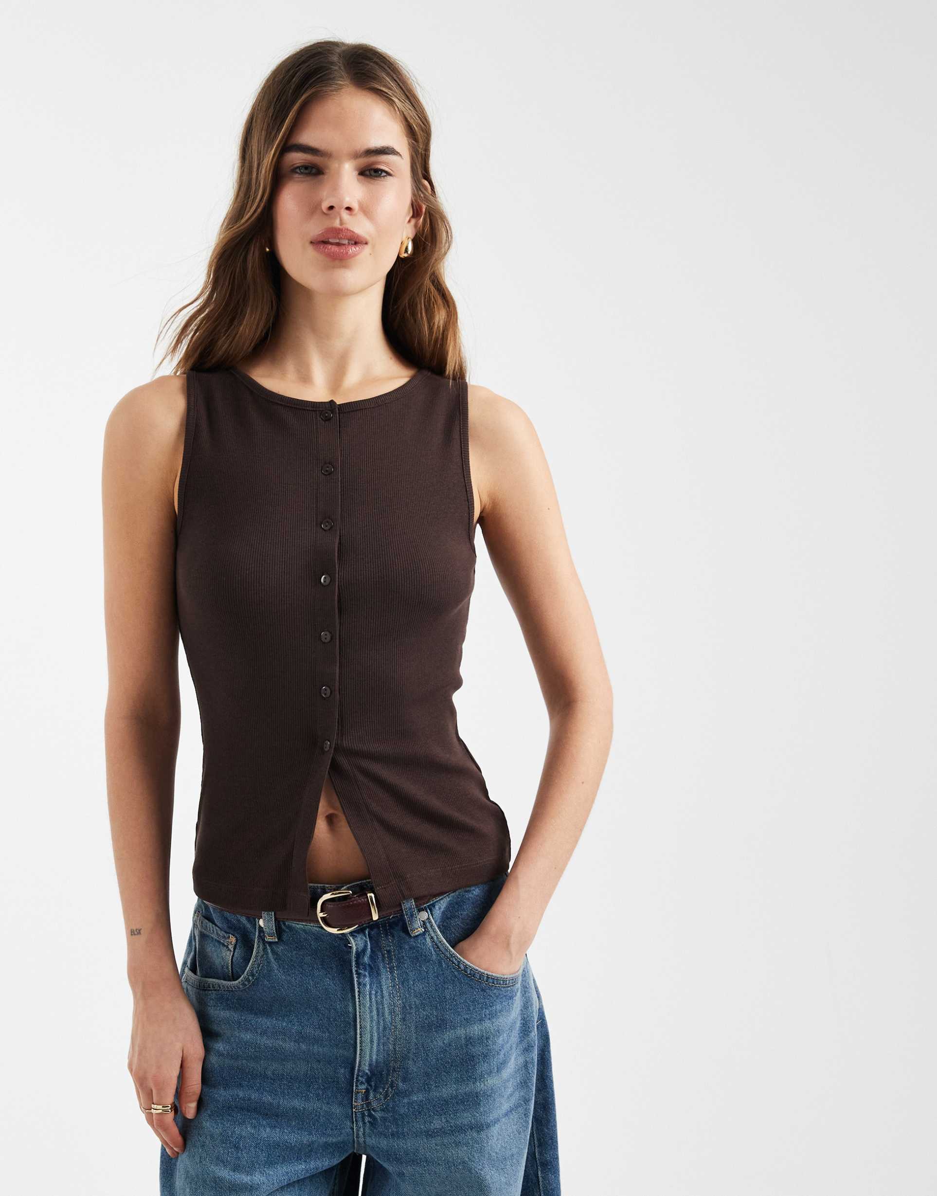 brave soul button down tank top in chocolate brown