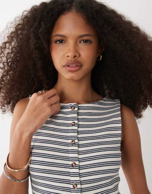Brave Soul button down tank top in cream and navy stripes, 2 of 4