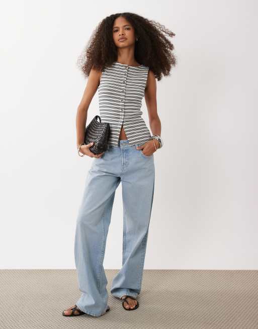 Brave Soul button down tank top in cream and navy stripes, 3 of 4