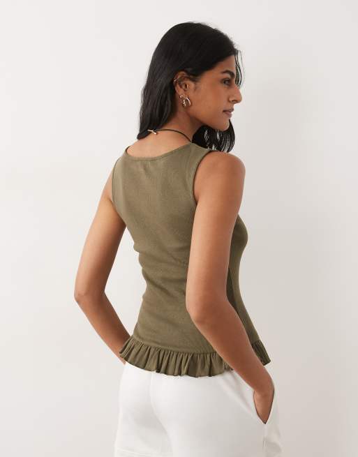 Brave Soul button down vest in khaki with frill trim, 4 of 4
