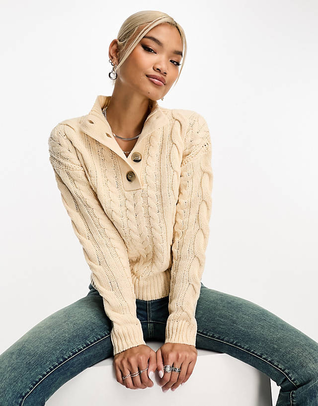 Brave Soul - button front cable knit jumper in oatmeal