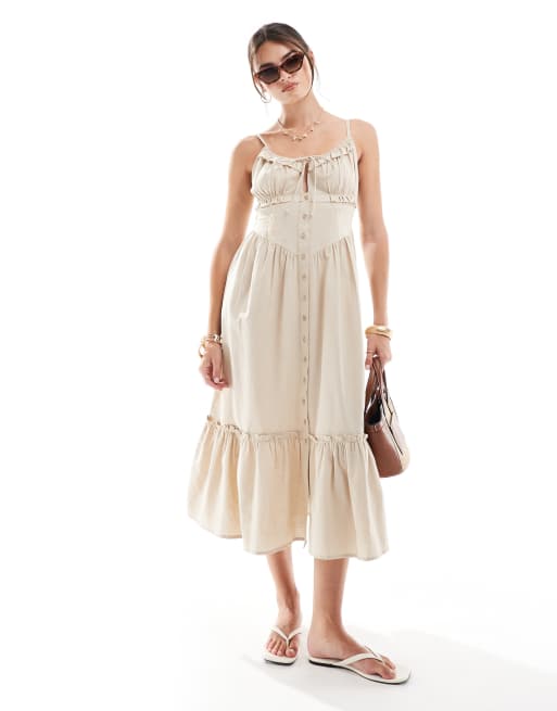 Brave Soul button front corset midi dress in beige