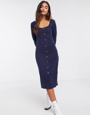 navy button midi dress